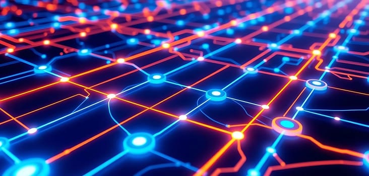 A vibrant digital network sprawls, glowing with blue and orange neon lights. Nodes and pathways interconnect, evoking a futuristic, high-tech mood. The intricate web suggests advanced technology and data flow.