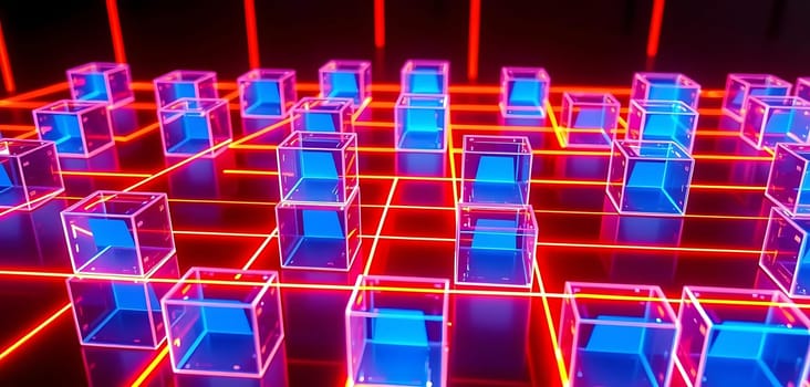 A futuristic grid of glowing cubes, bathed in neon blue and pink hues, creates a vibrant, digital landscape. The mood is electric and high-tech, evoking a sense of advanced technology and innovation.