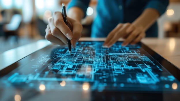 A person working on digital architectural blueprint on touchscreen device, showcasing precision and innovation