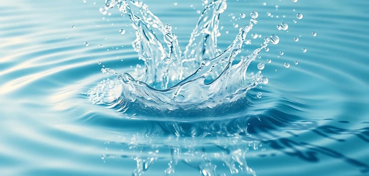 A dynamic splash disrupts tranquil blue water, creating a crown-like formation. Droplets scatter, capturing a moment of fluid grace and energy. The serene backdrop contrasts with the lively action, highlighting nature's elegance.