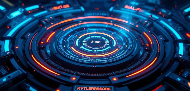 A futuristic, glowing interface emerges from darkness, featuring concentric rings of neon blue and orange. At its core, pulses, surrounded by digital readouts and cryptic labels. The mood is high-tech and mysterious, hinting at advanced technology or cybernetic systems.