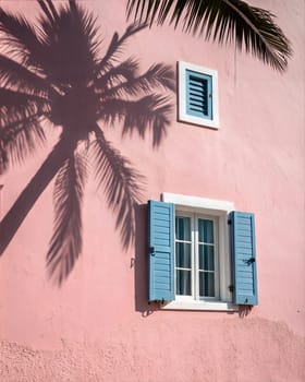 Palm shadow on pink wall with blue windows. Summer traveling concept. Ai generated