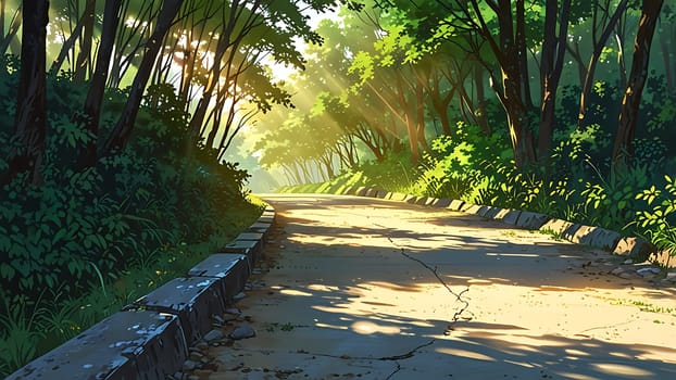 A serene forest path bathed in dappled sunlight invites exploration. Tall, lush trees arch overhead, while a worn, cracked concrete path, bordered by wild greenery, leads deeper into the tranquil woods. The mood is peaceful and inviting, with sunlight filtering through the dense canopy, casting gentle shadows.