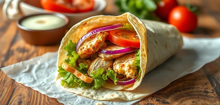 A tantalizing chicken wrap rests on a rustic wooden table, bursting with fresh lettuce, juicy tomatoes, and vibrant red onions. The warm, inviting scene is complemented by a side of creamy sauce and ripe tomatoes, evoking a cozy, homemade meal.