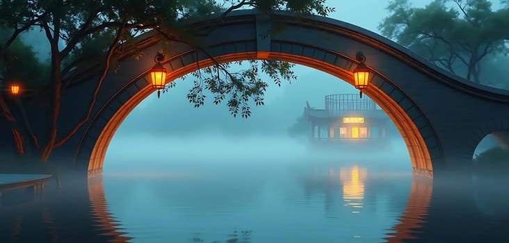 A mystical stone bridge arches over a tranquil, mist-covered river. Lanterns cast a warm glow, illuminating the serene night. In the distance, a traditional pavilion stands peacefully amidst the fog, creating an enchanting, dreamlike atmosphere.