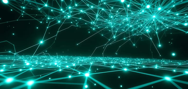 A mesmerizing digital cosmos unfurls, teal lines and nodes interconnecting in a vast, glowing network. The mood is futuristic and intricate, evoking a sense of endless possibilities within a technological universe.