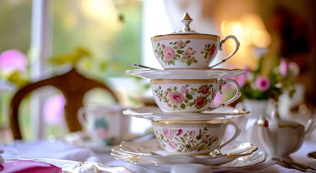 Elegant table setting for tea party with cakes and cupcakes in English manor. Selective focus. Vintage style