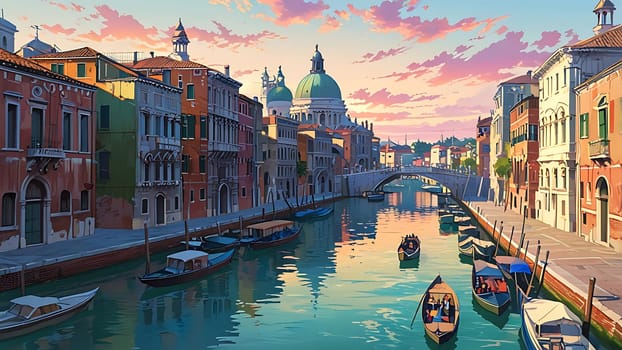 A serene Venetian canal at sunset, with gondolas gently floating. Colorful buildings line the waterway, leading to a grand domed basilica. The warm, pastel sky enhances the romantic, tranquil mood.