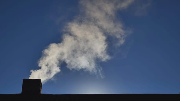 Smoke rises from a chimney against a blue winter sky, highlighting warmth and environmental considerations