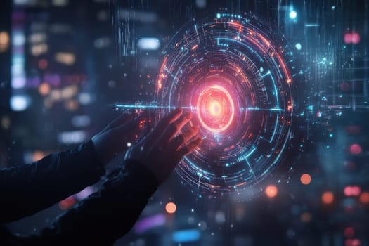 A professional individual engages with a glowing digital interface, symbolizing innovation and technology in a vibrant urban setting. The image captures a futuristic atmosphere, highlighting concepts of connectivity and data visualization.