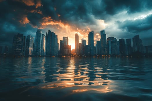 This striking image captures a submerged city skyline, reflecting beautifully in tranquil waters during sunset, with dramatic clouds enhancing the atmosphere.