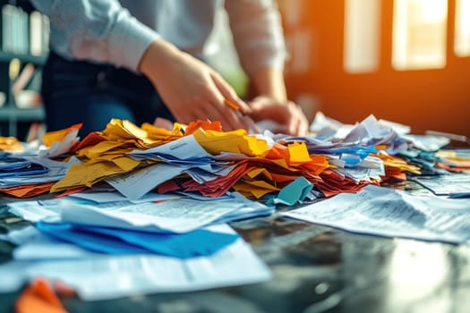 A person organizing chaotic pile of colorful papers and documents on desk in bright office