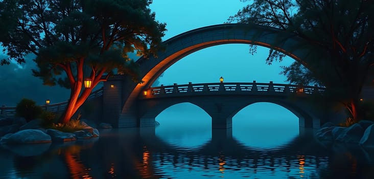 A serene, illuminated stone bridge arches over tranquil waters at dusk, casting a warm glow. Trees with softly lit lanterns frame the scene, creating a magical and peaceful atmosphere.