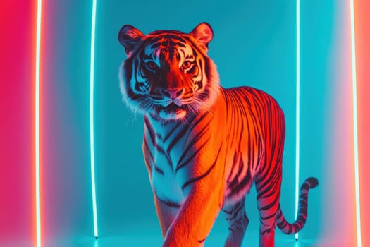 A stunning tiger showcases its fierce beauty under vibrant neon lights, creating a striking visual in an artistic setting full of color and energy.