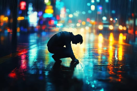 A solitary man kneels on rain-soaked streets, surrounded by colorful city lights at night, creating a dramatic atmosphere of emotion and reflection.
