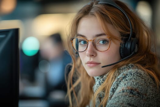 A focused female contact center agent wearing headset and glasses, working in modern office