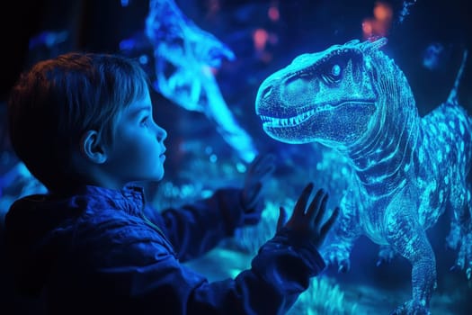 A child explores a virtual museum, captivated by an interactive dinosaur display that ignites imagination and curiosity. Experience the blend of technology and education in a fun environment.