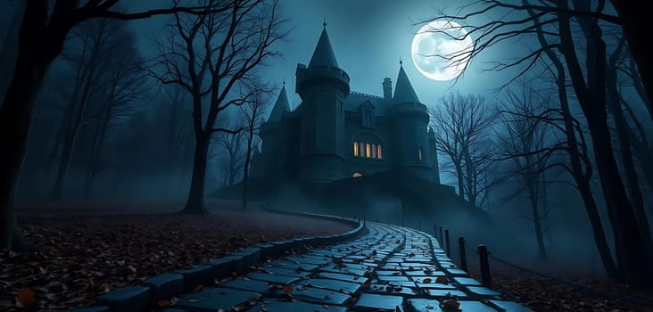 A haunting castle looms under a full moon, nestled in a foggy, leafless forest. The cobblestone path winds eerily towards the dimly lit mansion, evoking a chilling, mystical atmosphere.