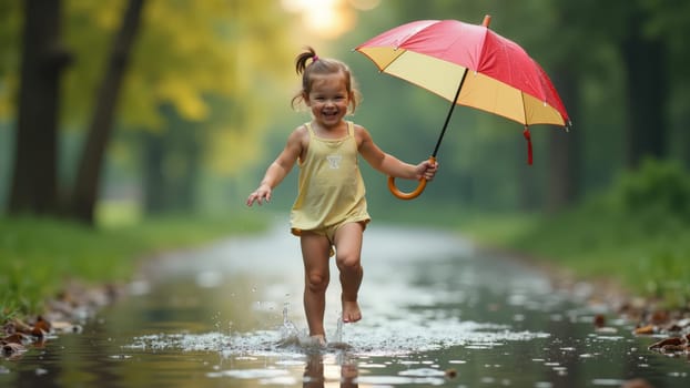 A cheerful child dressed in a bright yellow shirt and cap playfully walks through puddles on a rainy day, holding a matching umbrella.