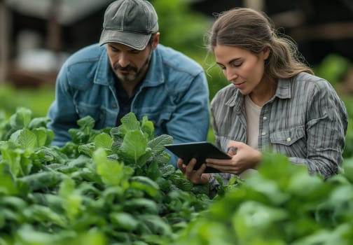 Farmers inspecting tobacco leaves with digital tablet. Selective focus.