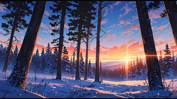 A serene winter sunset bathes a snowy forest in warm hues. Towering evergreens frame a vibrant sky, creating a tranquil, magical mood. The sun dips behind distant mountains, casting long shadows and illuminating the snow-covered ground.