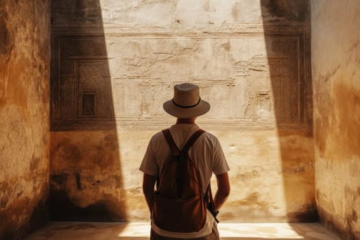 Experience the essence of virtual tourism as a traveler stands in awe before ancient wall art, illuminated by natural light. This captivating scene invites exploration.