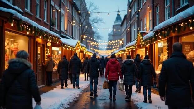 Groups of people wander past charming stalls adorned with decorations, wrapped in winter attire. The atmosphere is magical with festive lights glowing against a snowy backdrop.