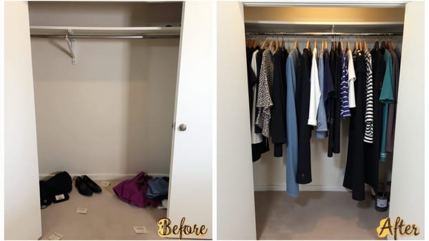 A dramatic before-and-after makeover showcases a closet transition from chaos to order, highlighting neatly hung garments in contrasting colors and styles, enhancing the space's functionality.
