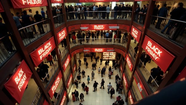A lively crowd navigates multiple levels of a retail store filled with deals and festive energy, celebrating the excitement of Black Friday shopping.