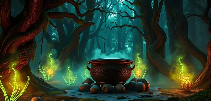 In a mystical forest, a large, ornate cauldron sits atop glowing stones. Twisted trees and eerie, floating flames create an enchanting, otherworldly atmosphere. The mood is both mystical and slightly ominous, hinting at ancient magic at play.