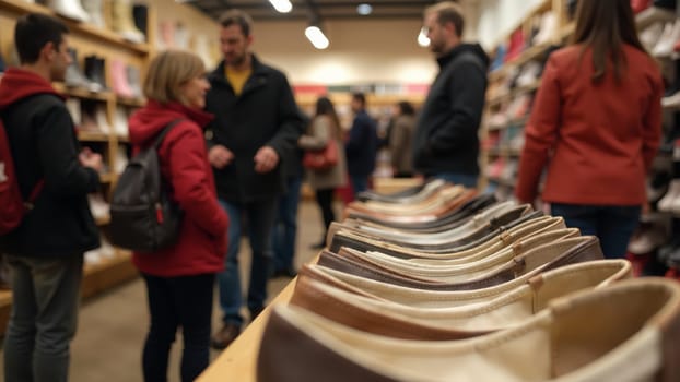 A bustling retail space filled with various shoes on display as shoppers explore stylish options. The atmosphere is lively, with people engaged in shopping while examining the latest trends.