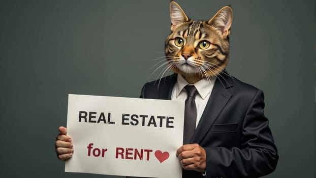 In a humorous display, a cat with a business suit holds a sign declaring intentions to buy real estate, blending whimsy with an unexpected twist on traditional investment themes in an artistic manner.