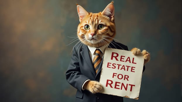 A suited man holds a sign reading For Rent but has a cat's head instead. This playful twist adds humor to the mundane task of advertising real estate in an office-like environment.