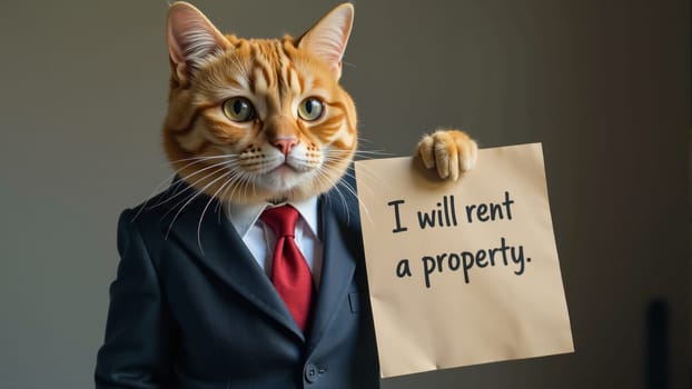 A well-dressed feline stands confidently in a suit, clutching a sign that promises property rental.