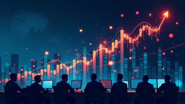 Traders analyze a detailed global market chart in a dark room, focusing on rising trends and data displayed on their screens.