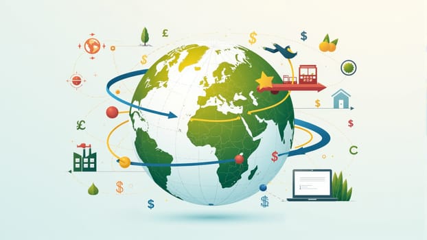 A vibrant depiction of a world map showcases financial symbols and connections across continents, emphasizing global trade, commerce, and economic interdependence in a modern setting.