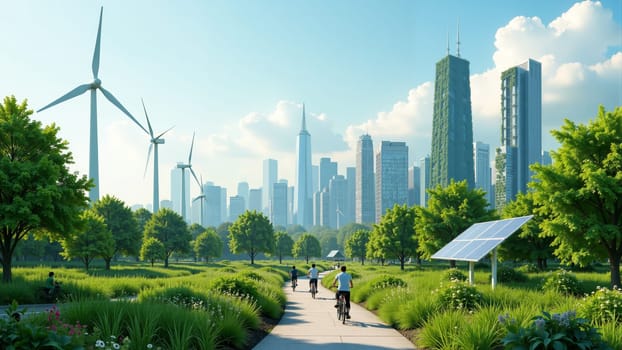 In a lively urban park, cyclists enjoy the lush greenery while wind turbines and solar panels symbolize sustainability. The towering skyline reflects a harmonious blend of nature and modernity.