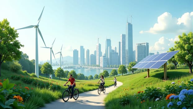 In a lively urban park, cyclists enjoy the lush greenery while wind turbines and solar panels symbolize sustainability. The towering skyline reflects a harmonious blend of nature and modernity.