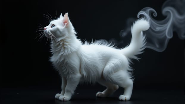 This elegant white cat strides forward with confidence, its luxurious fur gleaming in the dim light. An enchanting swirl of misty smoke dances around its form, creating a mystical ambiance.