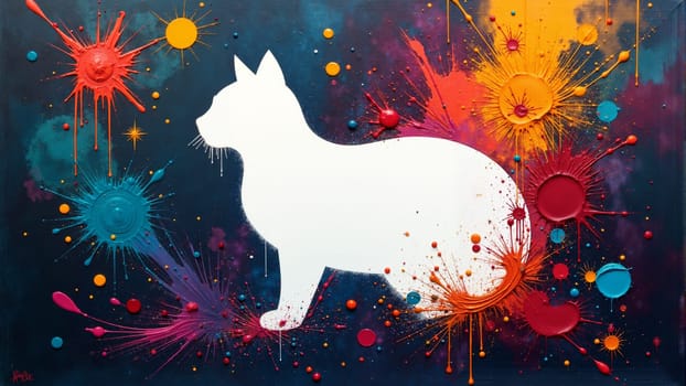 Bright colors burst around a striking white silhouette of a cat, capturing a dynamic and playful energy. The contrasting colors create a lively atmosphere that draws the eye and sparks imagination.