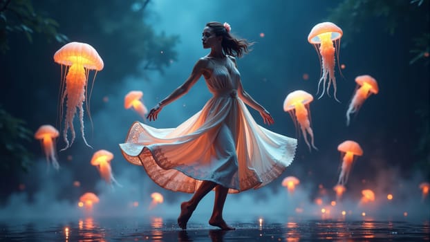 A talented dancer performs with elegance, her flowing dress swirling around her as vibrant jellyfish float in the surrounding water. The atmosphere is magical and dreamlike.