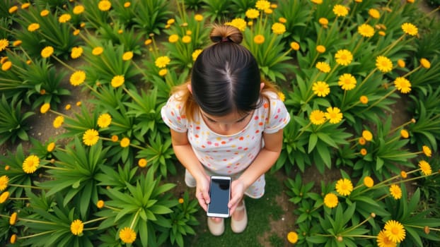 Surrounded by bright yellow flowers, a young woman stands with her phone in hand, immersed in communicating. The natural beauty creates a serene backdrop for her joyful moment.