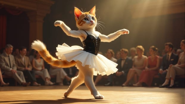 Under warm stage lights, a graceful cat performs in a ballet costume, enchanting an audience of elegantly dressed spectators who watch in awe at the enchanting theater.