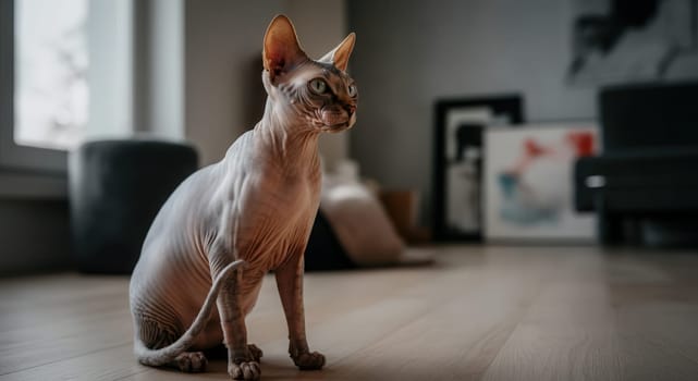 Sphynx cat calmly sits on a wooden floor in a modern living room. natural light highlights its unique features, surrounded by minimalist decor and contemporary art, creating a warm and inviting atmosphere.