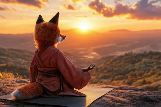 A serene fox character sits in a meditative pose at sunset, showcasing a tranquil landscape and warm colors. Ideal for nature and wellness themes.