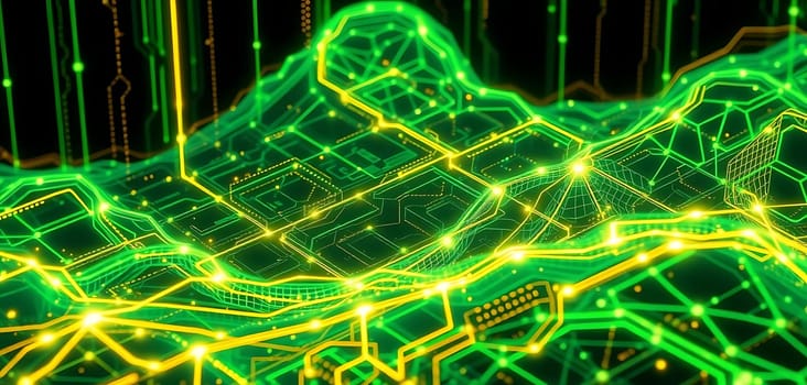 A vibrant, futuristic circuit board landscape glows with neon green and yellow lights, creating an intricate, interconnected web. The mood is electric and dynamic, evoking a sense of advanced technology and digital innovation.