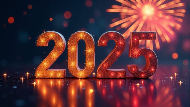 In a festive atmosphere, colorful fireworks burst in the sky, illuminating the bold and sparkling numbers of 2025, symbolizing joyous celebrations and new beginnings for the year ahead.