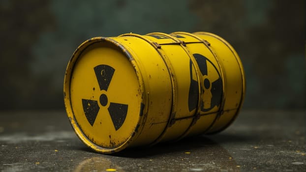 This bright yellow barrel, marked with a radioactive symbol, sits on a dusty floor, surrounded by dirt and shadows. The dramatic lighting enhances its ominous presence, evoking curiosity.