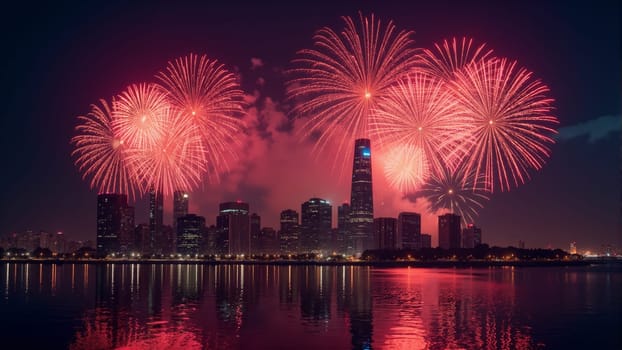 Bright bursts of colorful fireworks light up the night sky over a bustling city, reflecting beautifully on the water. The celebration creates an atmosphere of joy and excitement for all to enjoy.