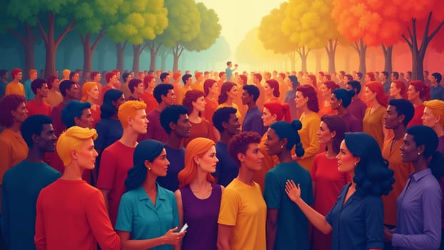 A joyful group of diverse people dressed in bright colors stands together in a beautiful park surrounded by trees in autumn hues, radiating a sense of community and connection.